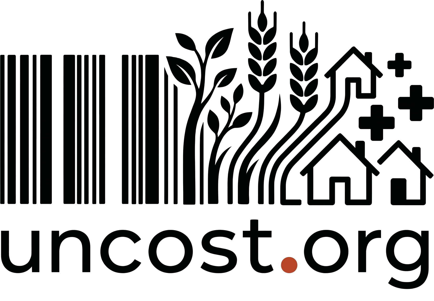 Uncost.org logo lockup with barcode-to-wheat, homes and health-cross mark